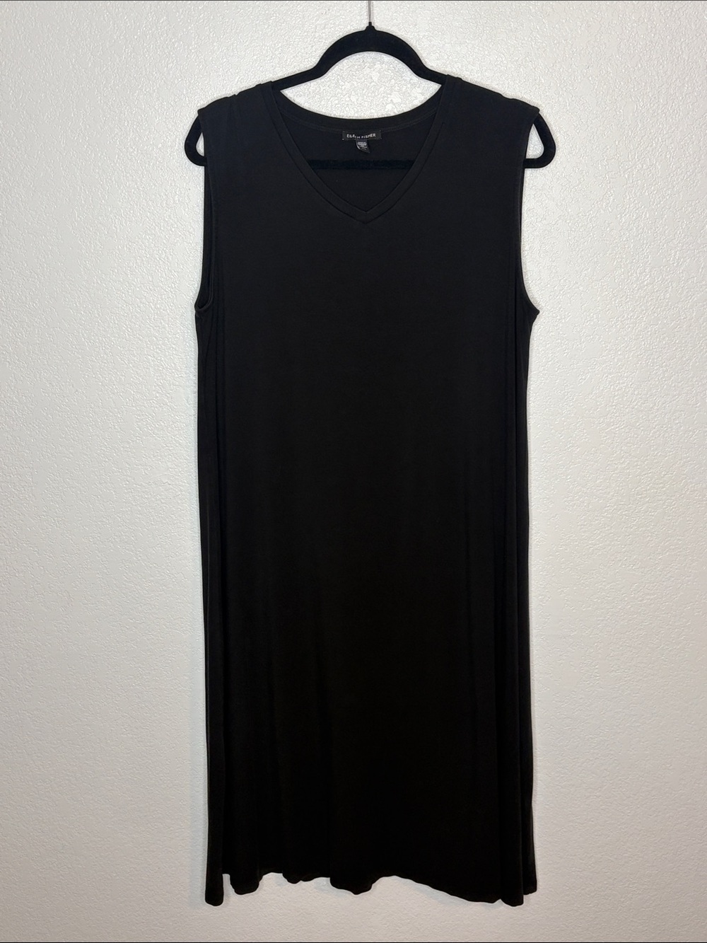 Eileen Fisher Black V Neck Tencel Lyocell Midi Tank Dress Lagenlook Size Large